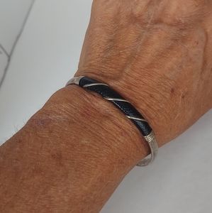 Vintage Black Leather Wrapped Silver Cuff Bracelet